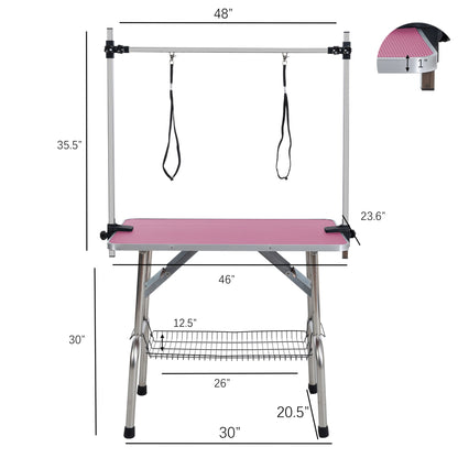 Mesa de aseo plegable para perros y gatos con marco de acero inoxidable y alfombrilla de goma integrada, brazo ajustable y abrazaderas.