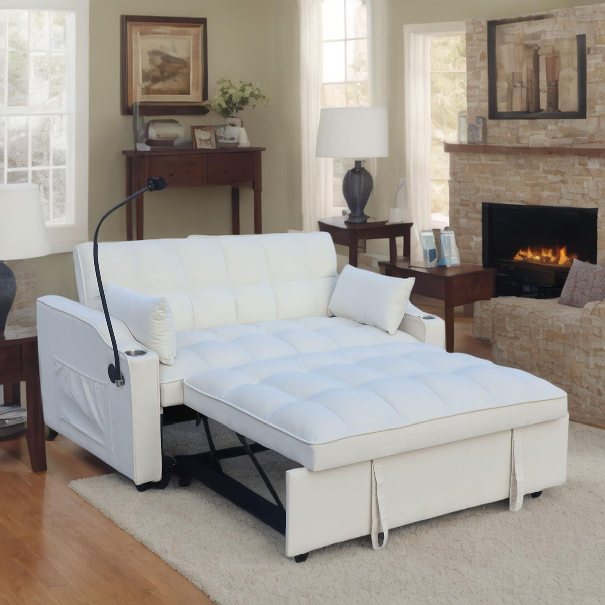 Modern Loveseat With Pullout Bed, Adjustable Reclining Backrest