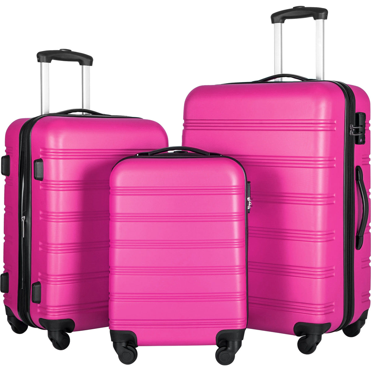 Juego de 3 maletas rígidas con ruedas y cerradura TSA, disponibles en 20, 24 y 28 pulgadas.