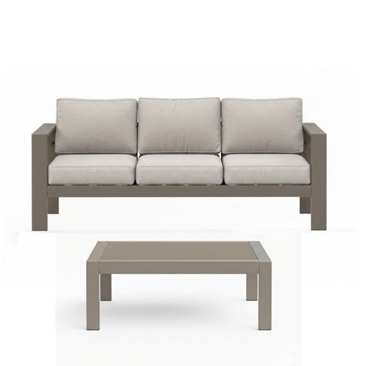 2 Piece Outdoor Patio Set, 3 Seat Sofa With Thick Cushions And Coffee Table - Light Khaki / Beige