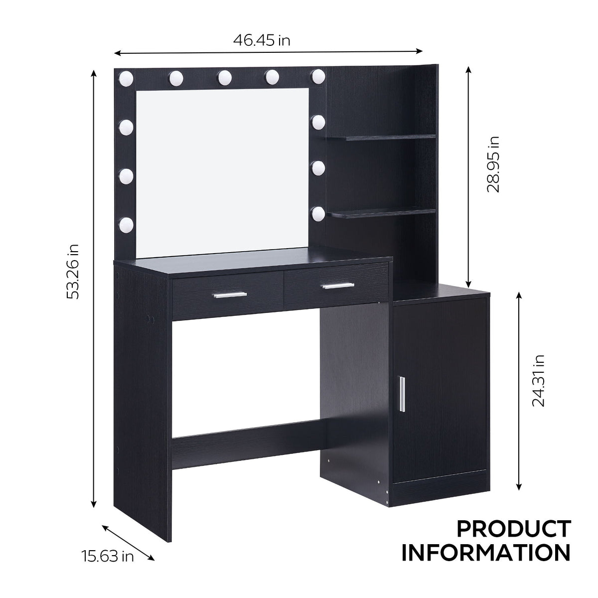 Tocador con espejo e iluminación, tocador de 128 cm con 2 cajones grandes y organizador vertical grande, 3 niveles de altura y 3 modos de iluminación con brillo ajustable, ideal para dormitorio.