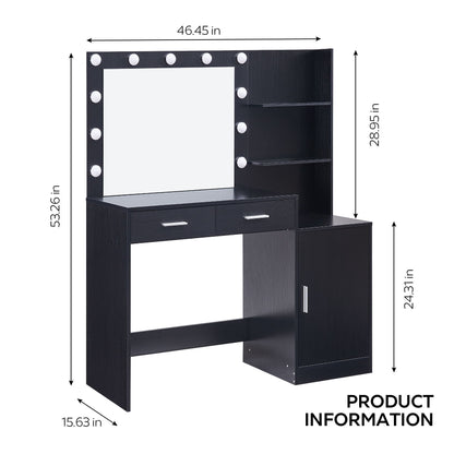 Tocador con espejo e iluminación, tocador de 128 cm con 2 cajones grandes y organizador vertical grande, 3 niveles de altura y 3 modos de iluminación con brillo ajustable, ideal para dormitorio.