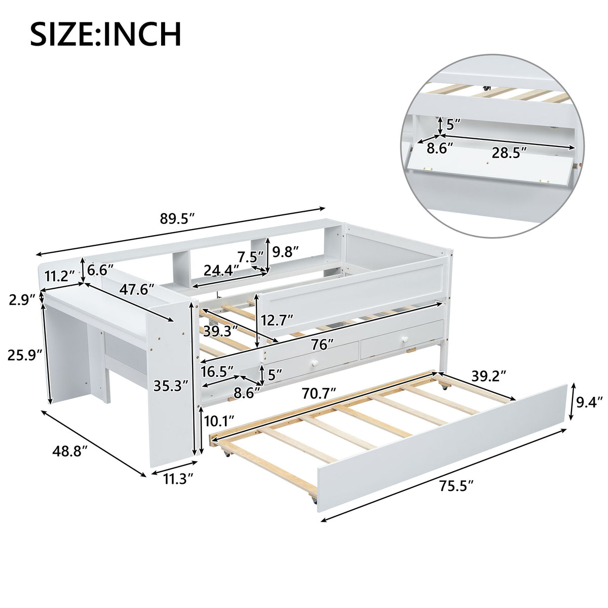 Twin Daybed With Drawers, Trundle, Headboard Storage, Study Desk, And USB Charging Station - White