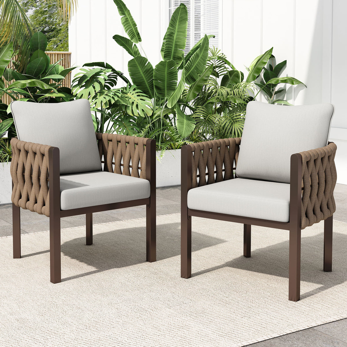 2 Pieces Outdoor Metal Patio Club Chair, Patio Furniture Arm Chair With Cushion, Modern Outdoor Furniture Deep Seating For Porch, Garden, Backyard, Balcony - Brown / Light Gray