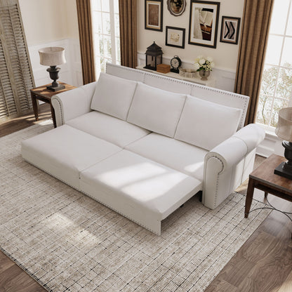 King Pull Out Sofa Bed, Chesterfield Sofa, 3 In 1 Velvet Convertible Sleeper Sofa With Nailhead Trim & Rolled Arm, Multifunctional Sofa Bed For Living Room - Beige
