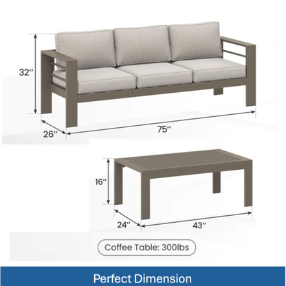 2 Piece Outdoor Patio Set, 3 Seat Sofa With Thick Cushions And Coffee Table - Light Khaki / Beige