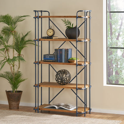 Yorktown - Industrial 5 Shelf Bookcase With Metal Pipework And Solid Fir - Natural