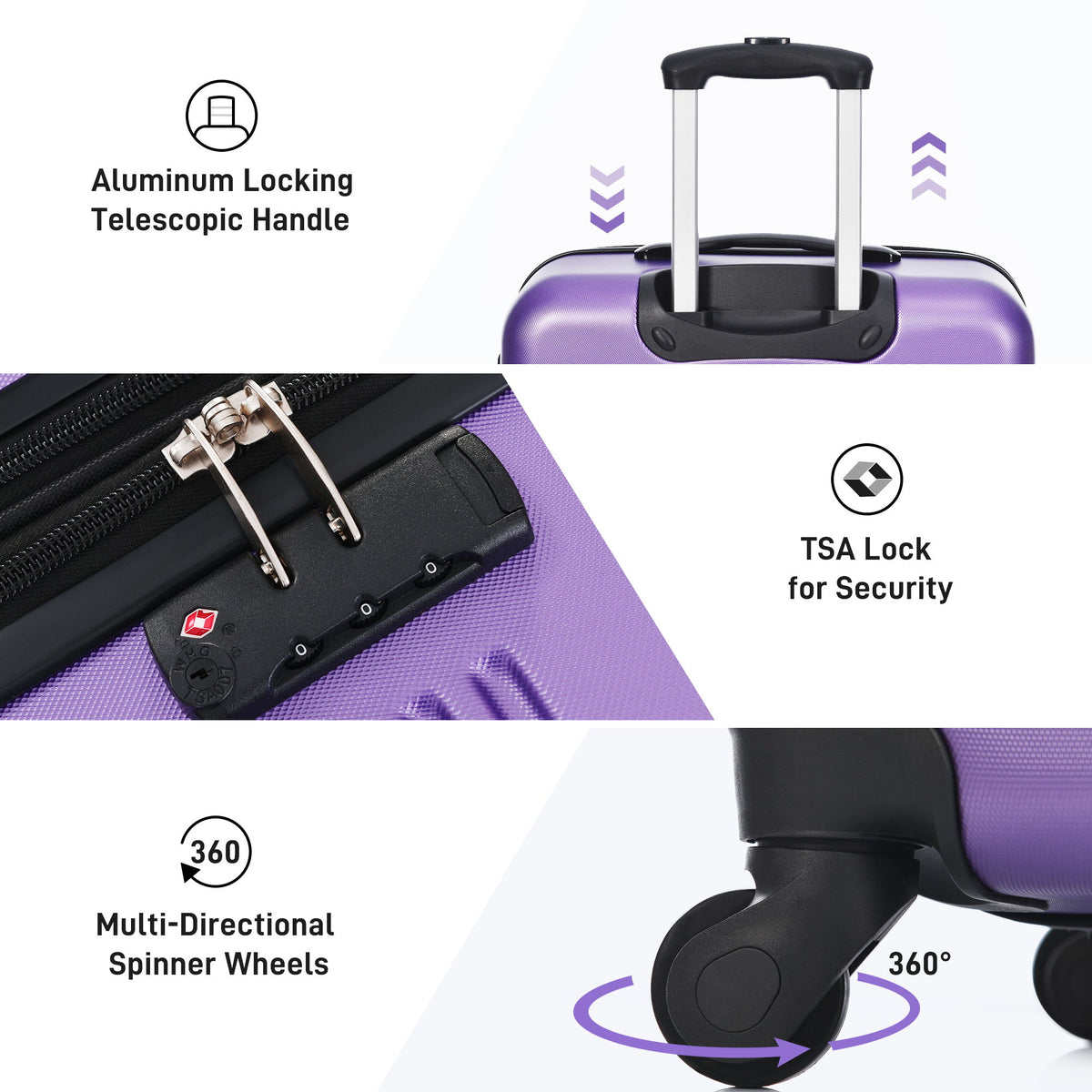 Juego de 3 maletas rígidas con ruedas y cerradura TSA, disponibles en 20, 24 y 28 pulgadas.