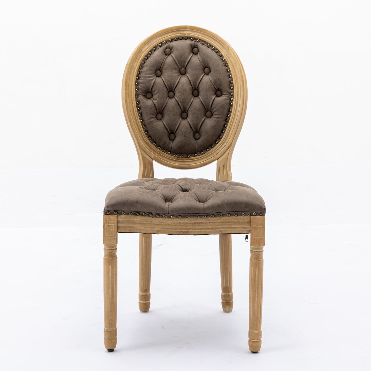 Silla de comedor de estilo francés con marco de madera maciza, pintura antigua, hebillas hechas a mano, cuero sintético de PU, ribete de tachuelas y patas de madera.