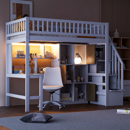 Loft Bed With Built In L Shaped Desk, LED Lights, Storage Shelves, Cabinets, And Staircase