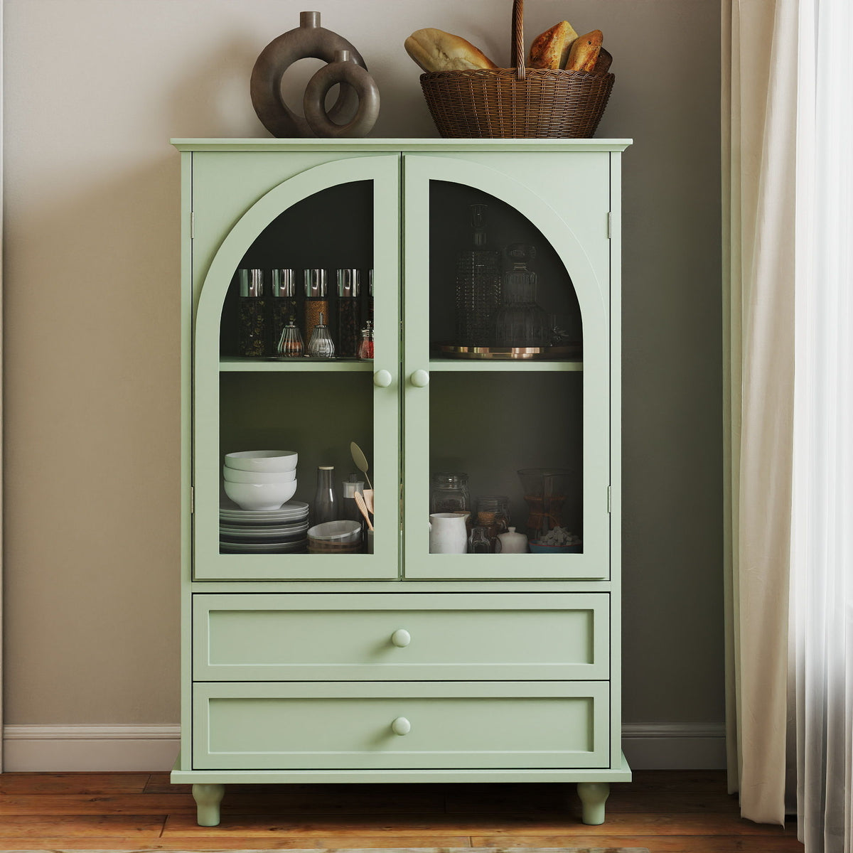 Mint Green Farmhouse Storage Cabinet, Arched Tempered Glass Door Buffet Sideboard With Tiered Top, 2‑Drawer Pantry Cabinet For Kitchen Dining Living Room Entryway Coffee Bar