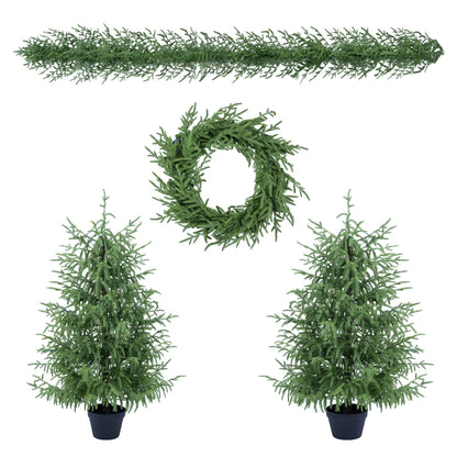 4 Piece Christmas Artificial Trees With Sturdy Bases, Pre Lit Wreath & Garland, Warm LED Lights, Indoor Holiday Decor - Green
