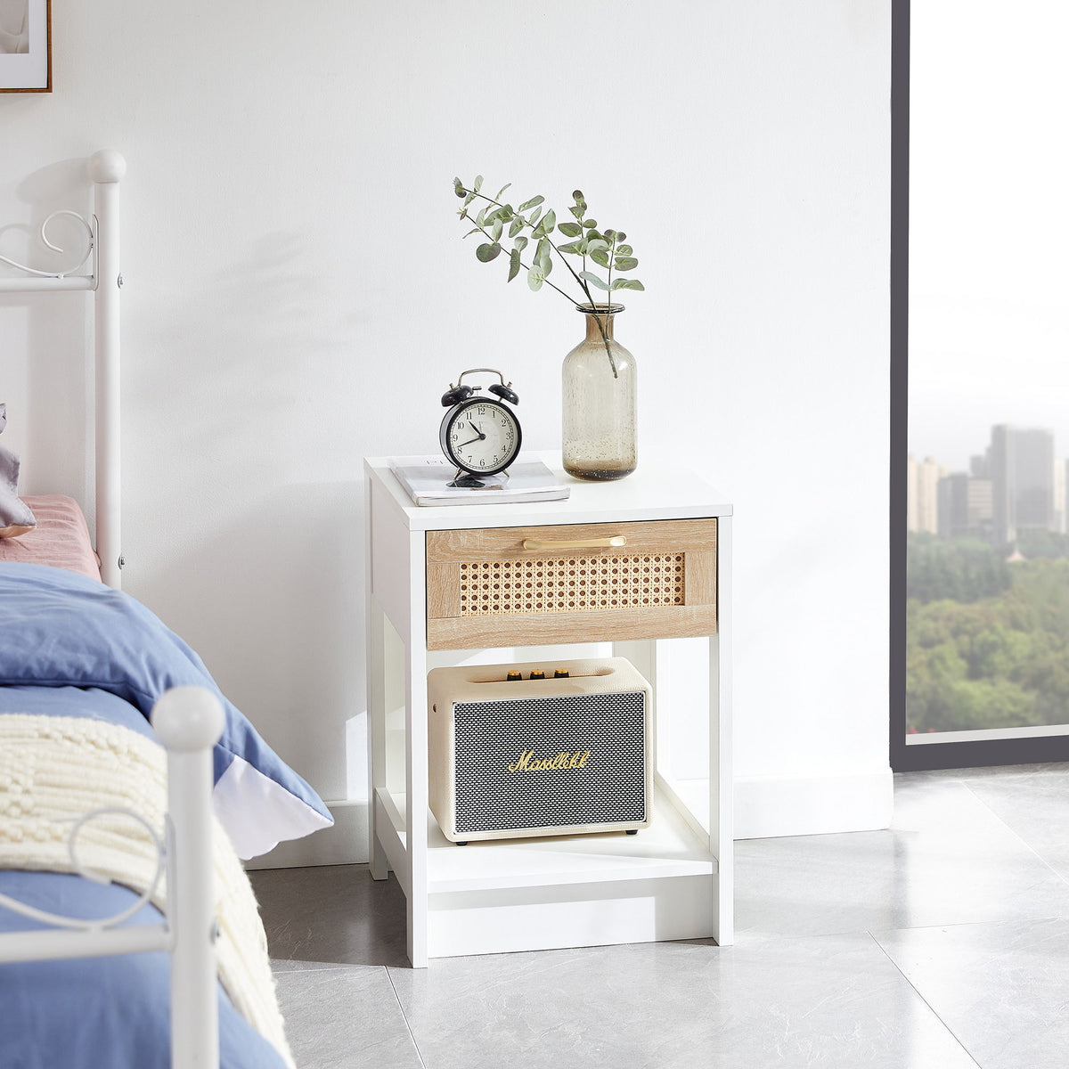 Mesa auxiliar de ratán de 40 cm con cajón, mesita de noche moderna, mesa auxiliar para sala de estar y dormitorio