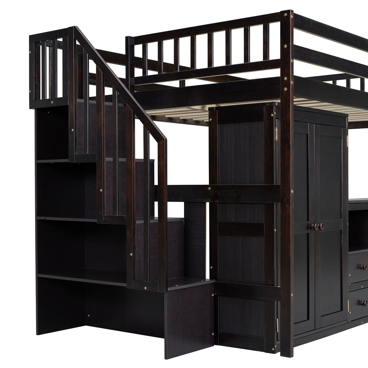 Full Size Loft Bed With Stairs, Bookshelf, Drawers, Desk & Wardrobe, Space Saving Multifunctional Furniture - Espresso
