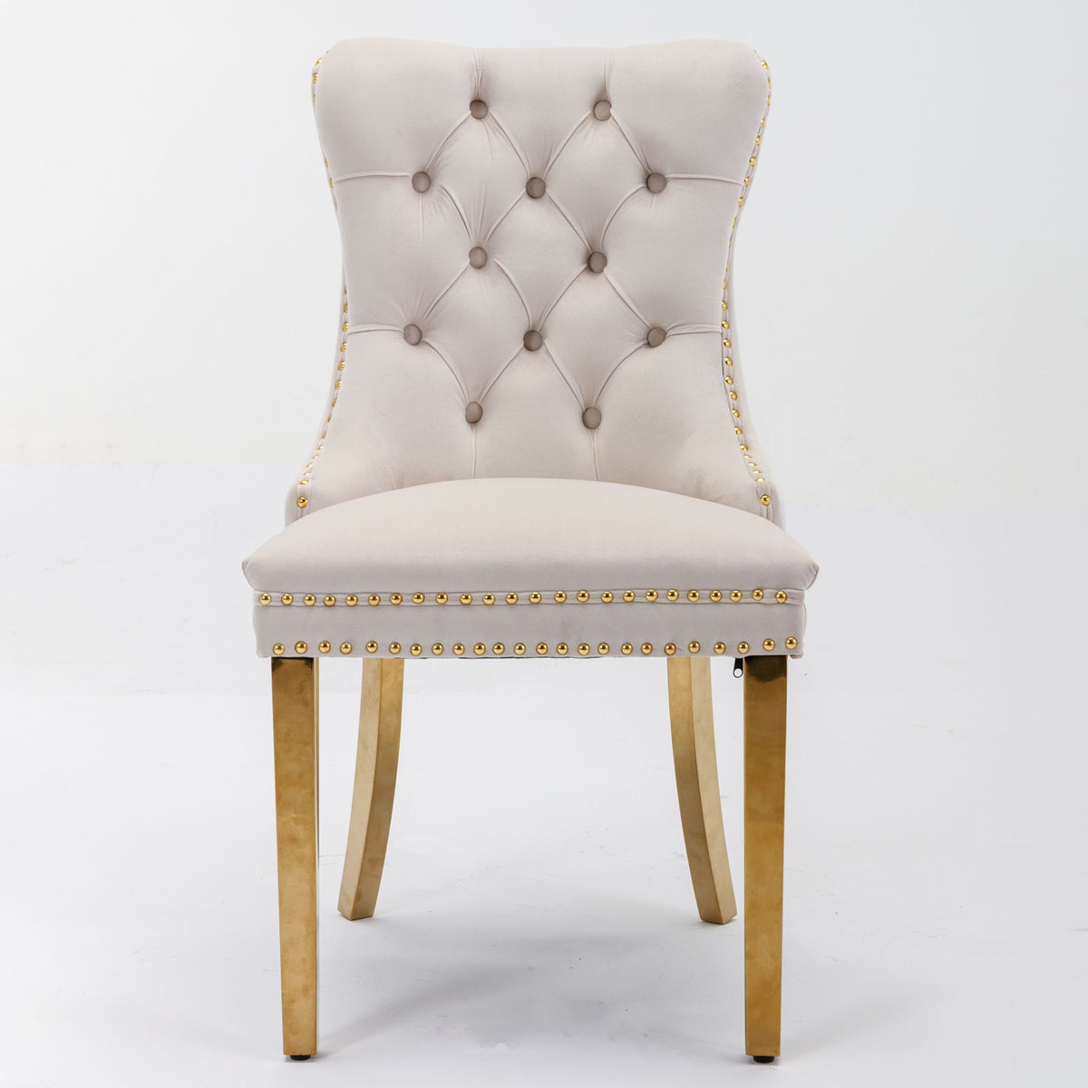 Nikki - Silla de comedor moderna y de alta gama, de madera maciza capitoné, tapizada en terciopelo, con patas de acero inoxidable dorado y ribete de tachuelas (juego de 2)