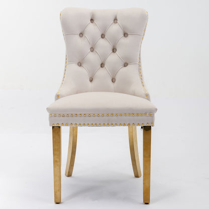 Nikki - Silla de comedor moderna y de alta gama, de madera maciza capitoné, tapizada en terciopelo, con patas de acero inoxidable dorado y ribete de tachuelas (juego de 2)