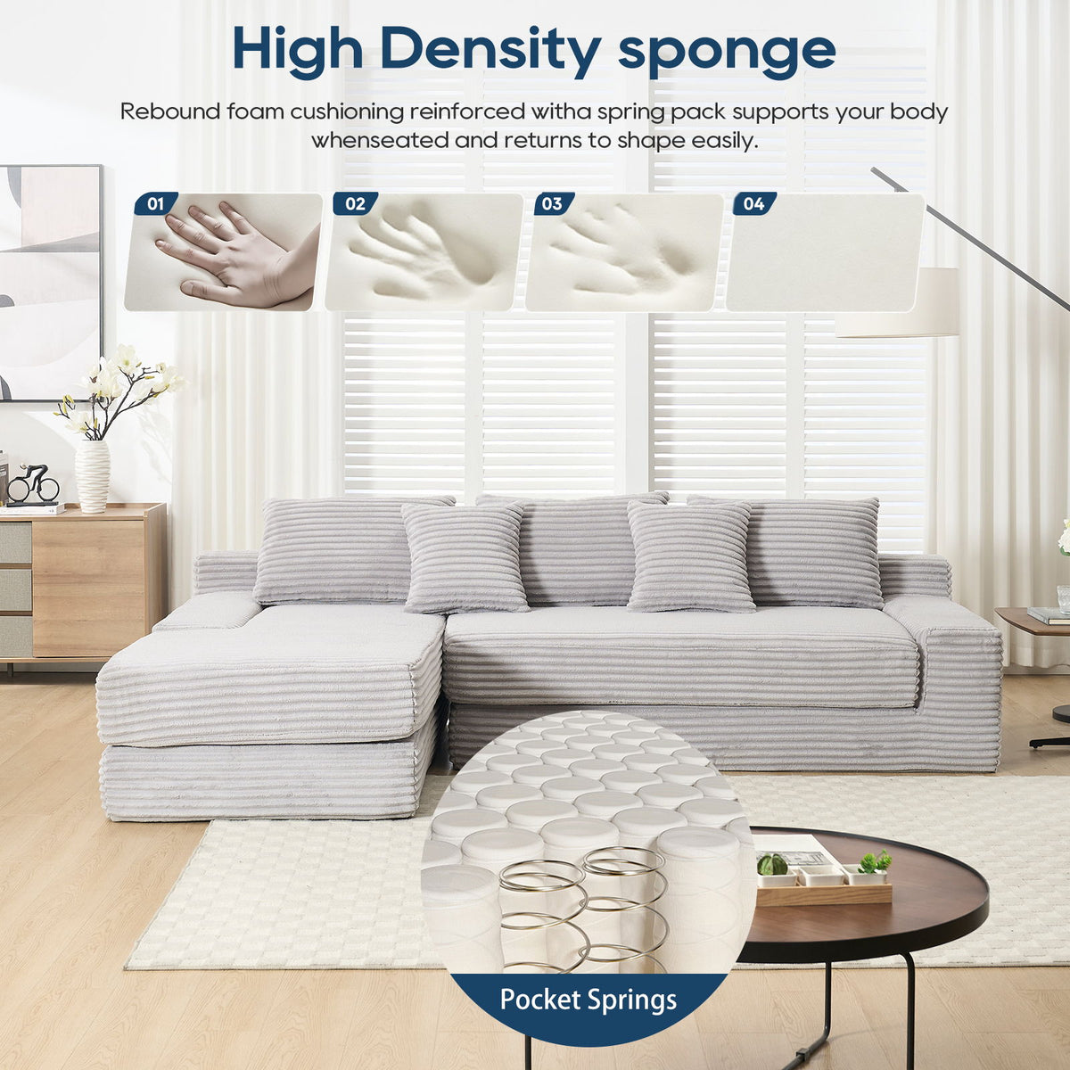 Modern L Shaped Sectional Sofa With Memory Foam & Steel Frame, Corduroy Fabric - Light Gray