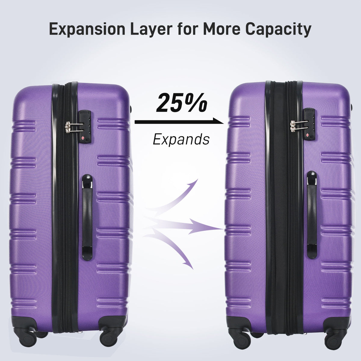 Juego de 3 maletas rígidas con ruedas y cerradura TSA, disponibles en 20, 24 y 28 pulgadas.