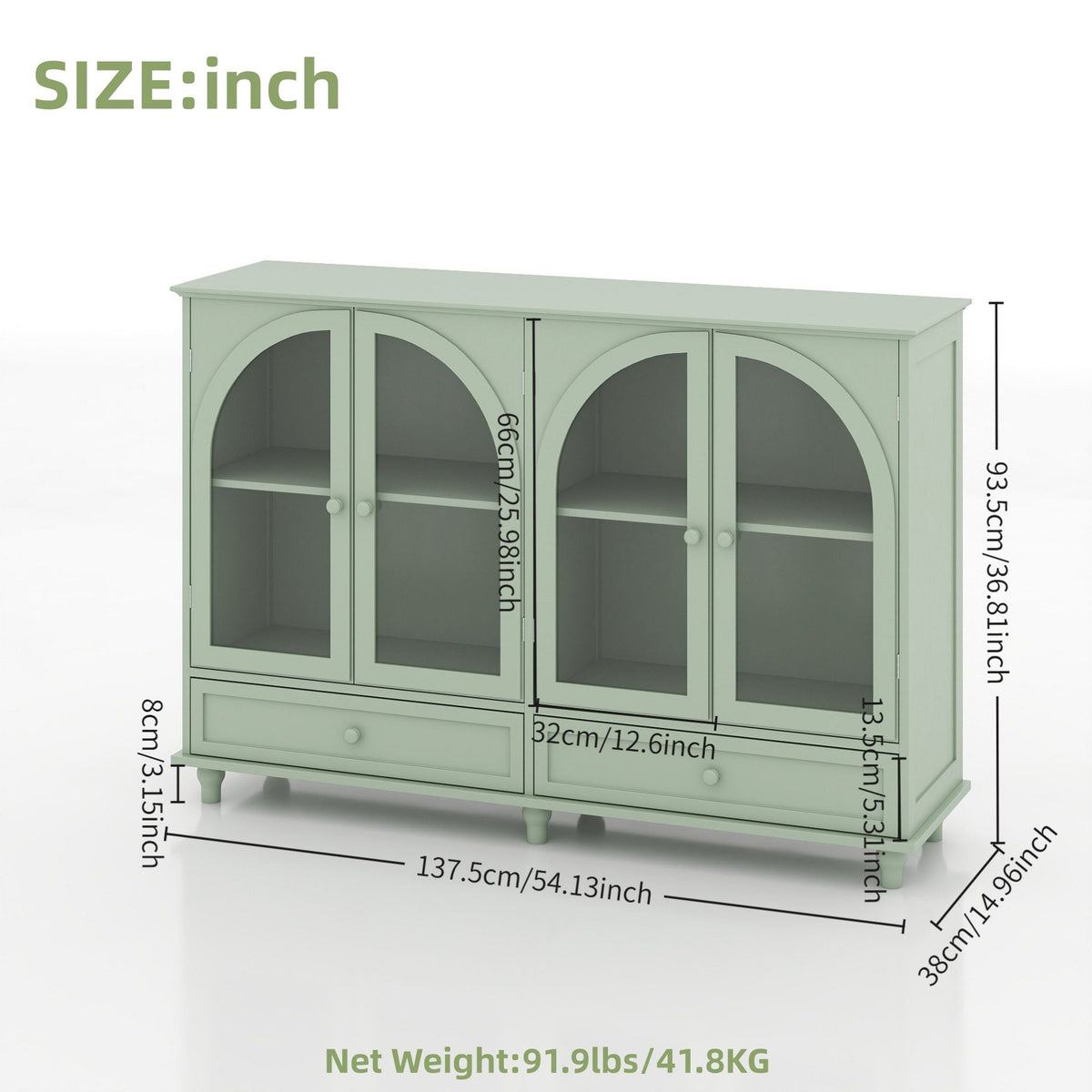 Green Arched Glass Sideboard Buffet Cabinet, 2 Drawers & 4 Glass Doors Storage Credenza, Display Cabinet With Adjustable Shelves, Modern Kitchen Cupboard For Dining Room Living Room Entryway