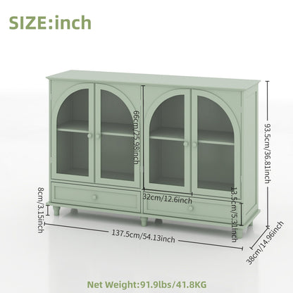 Green Arched Glass Sideboard Buffet Cabinet, 2 Drawers & 4 Glass Doors Storage Credenza, Display Cabinet With Adjustable Shelves, Modern Kitchen Cupboard For Dining Room Living Room Entryway