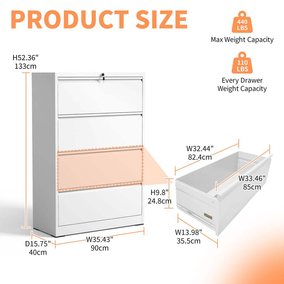 Lateral File Cabinet, Locking Heavy Duty, Anti-Tip Safety Interlock, Vertical Storage For Letter/Legal/A4 Files