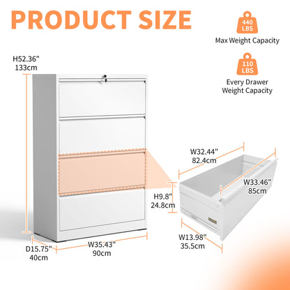 Lateral File Cabinet, Locking Heavy Duty, Anti-Tip Safety Interlock, Vertical Storage For Letter/Legal/A4 Files