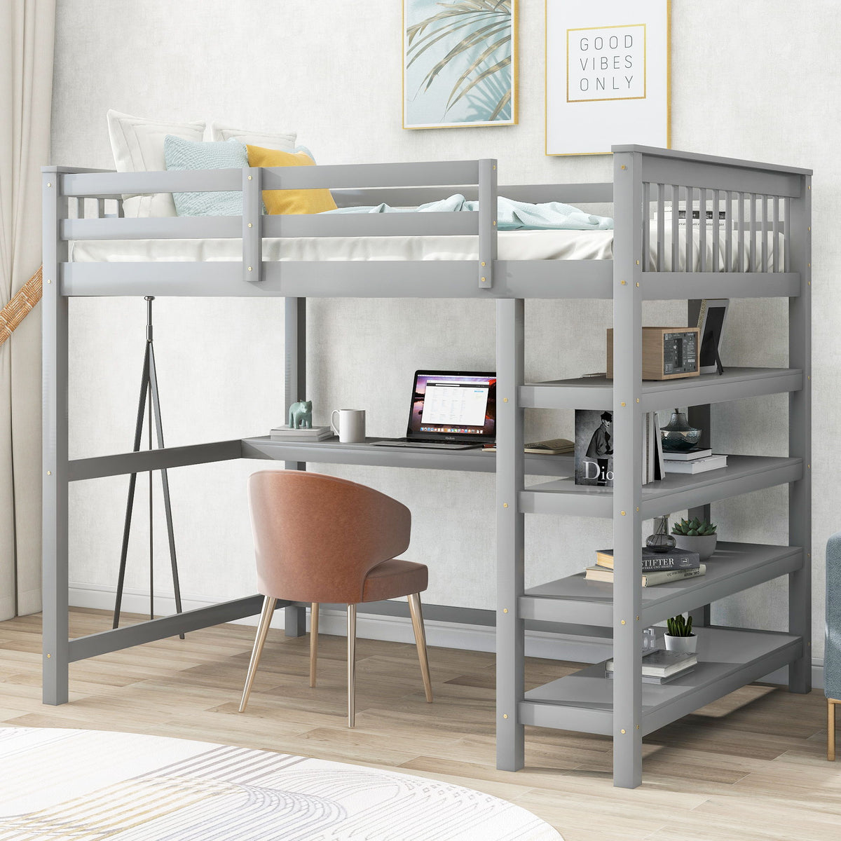 Loft Bed With Storage Shelves And Under Bed Desk