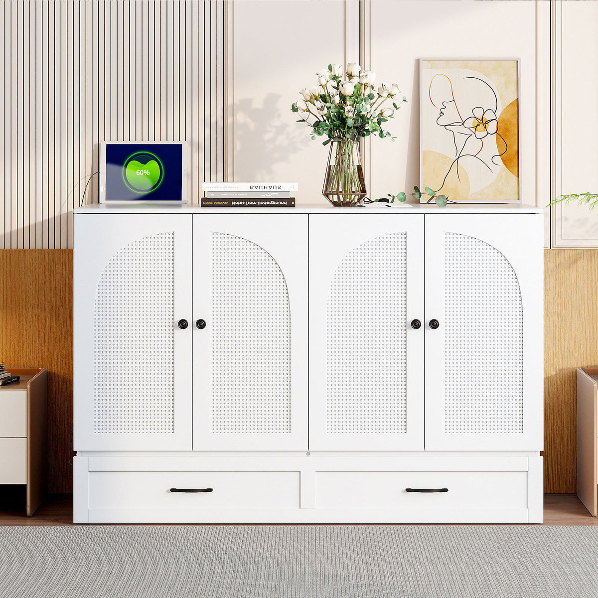 Full Size Murphy Bed & Large Drawers - White