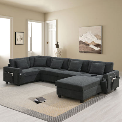 U Shaped Sectional Sofa 6 Seat Couch Set With Oversized Ottoman, Hidden Armrest Storage And Cup Holders USB Charging Ports Wide Seat Sofa