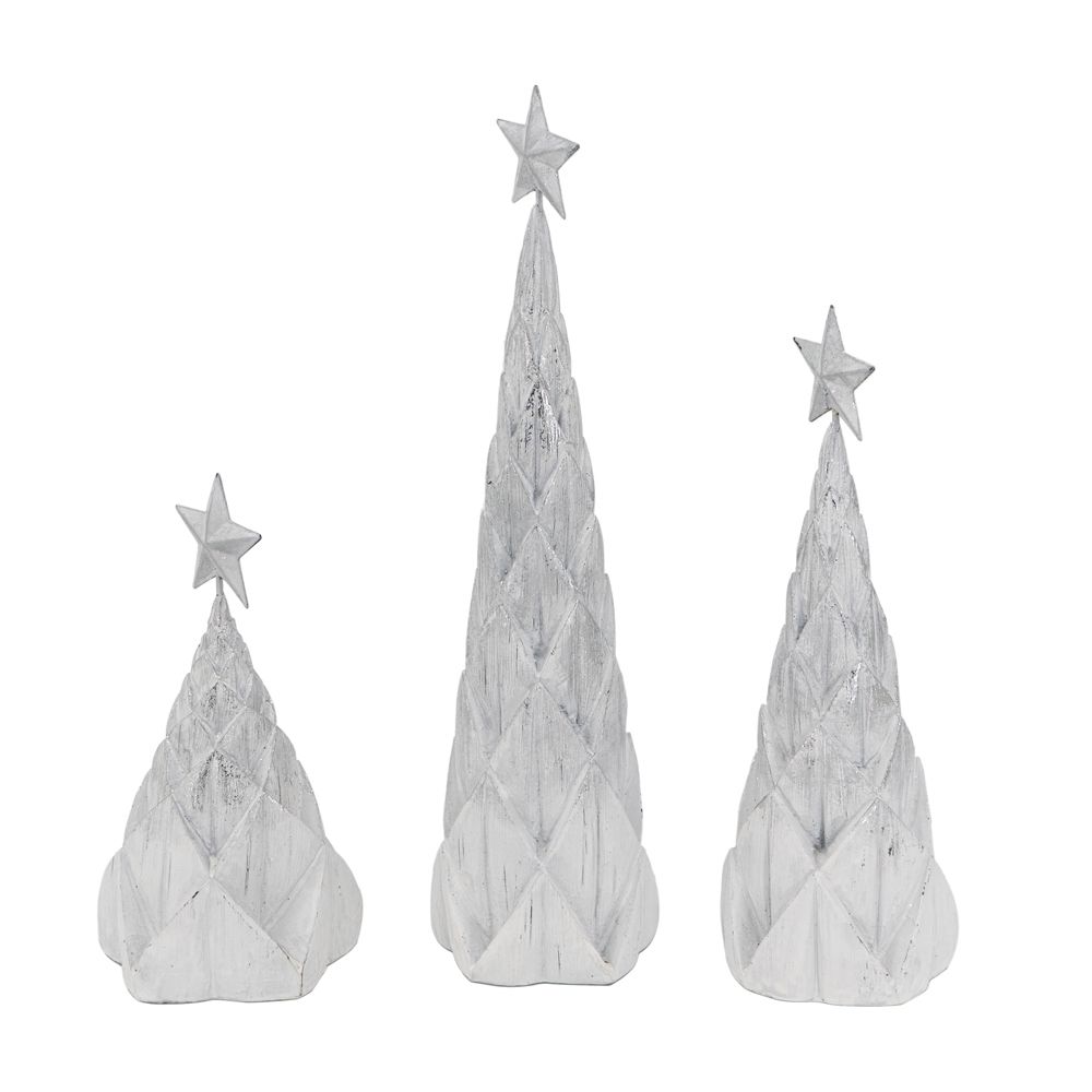 Resin / Foil Christmas Tree With Star Top (Set of 3) - White / Silver