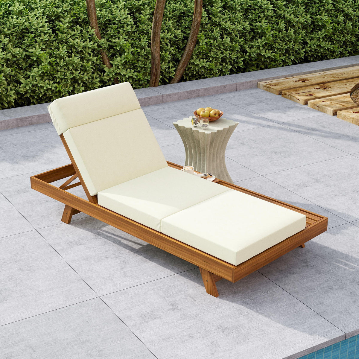 Acacia Wood Lounge Chaise Set With Headrest And Water Resistant Cushions - Beige