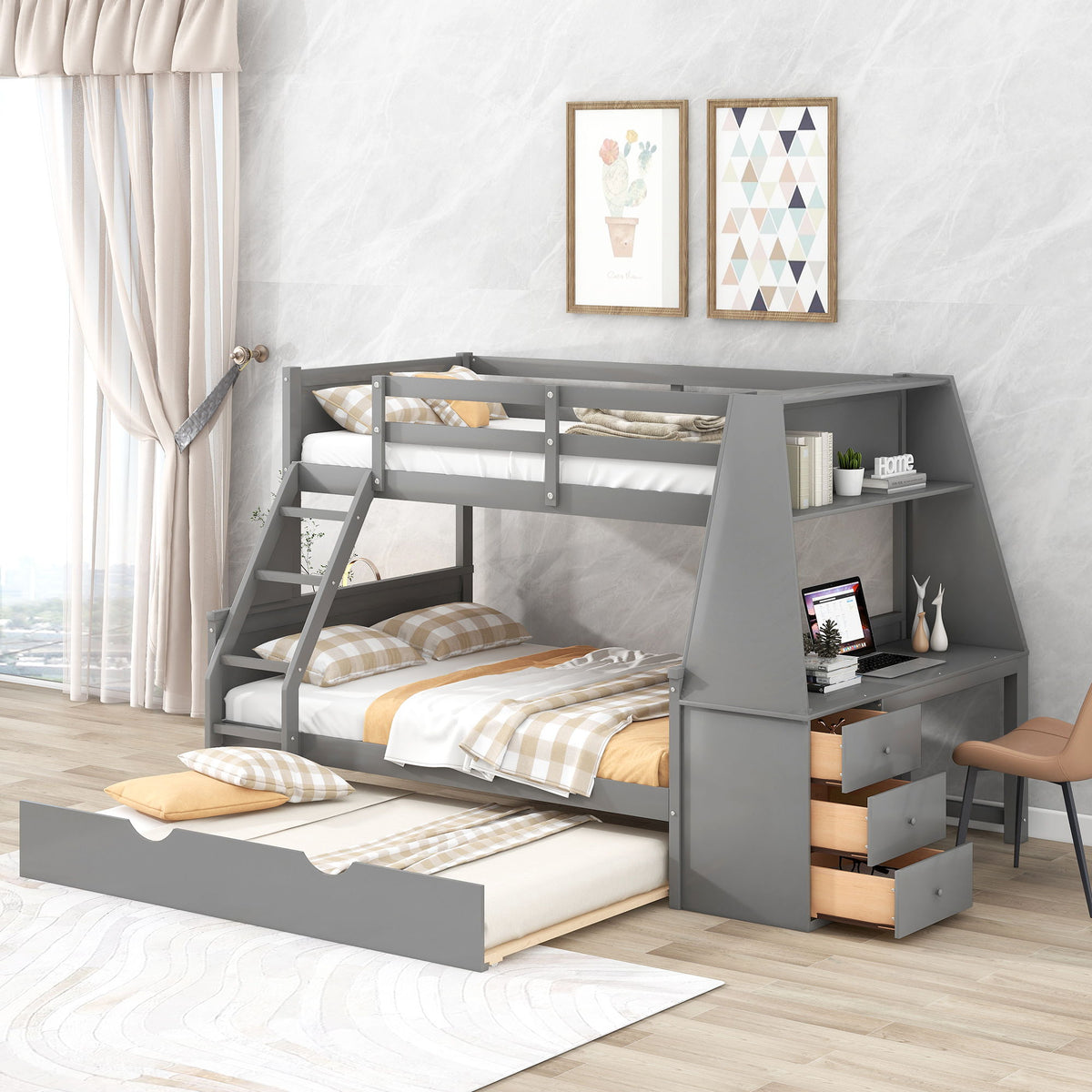 Bunk Bed With Trundle And Built In Desk, 3 Storage Drawers And Shelf