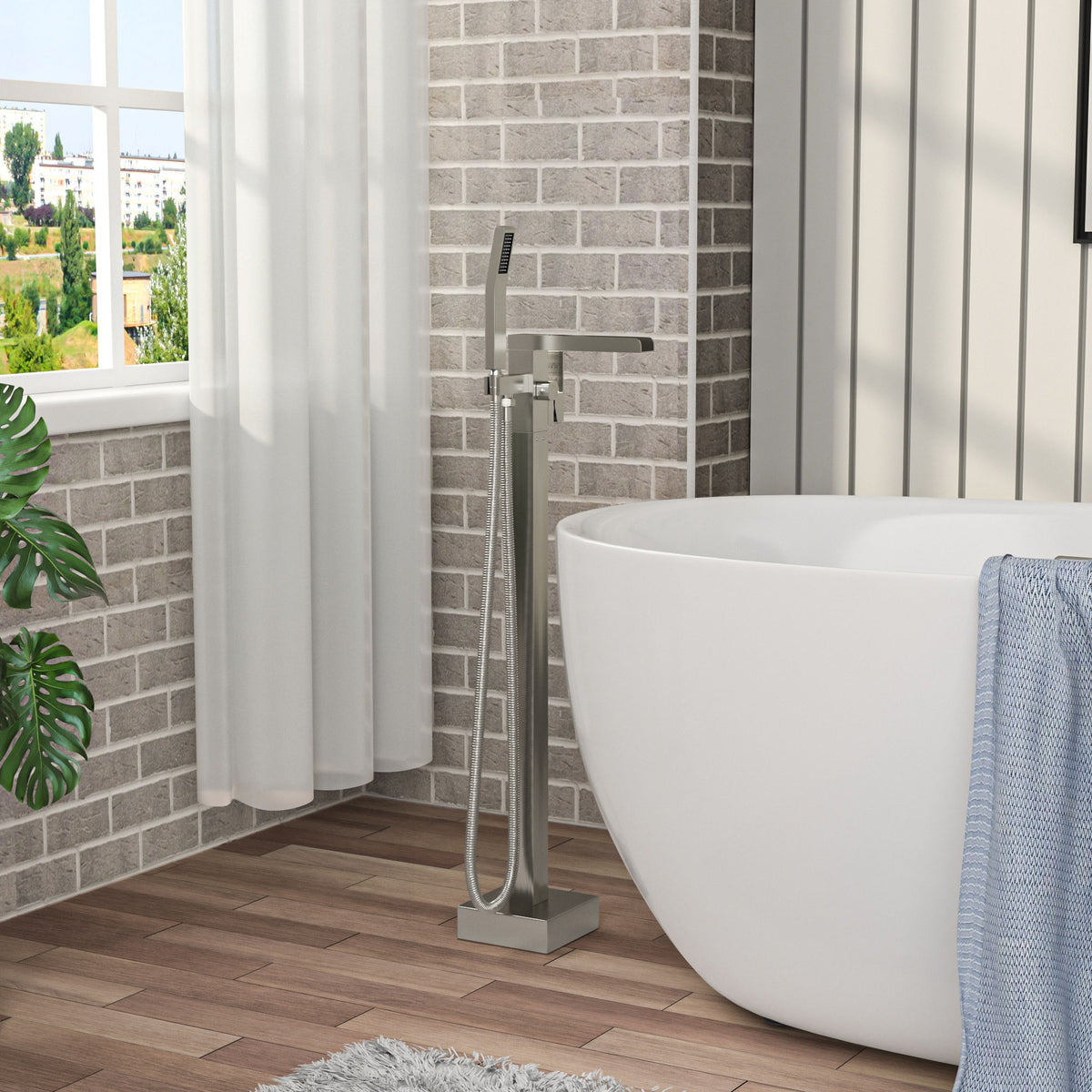 Freestanding Bathtub Faucet Waterfall Tub Filler Floor Mount Solid Brass With Hand Shower - Brushed Nickel