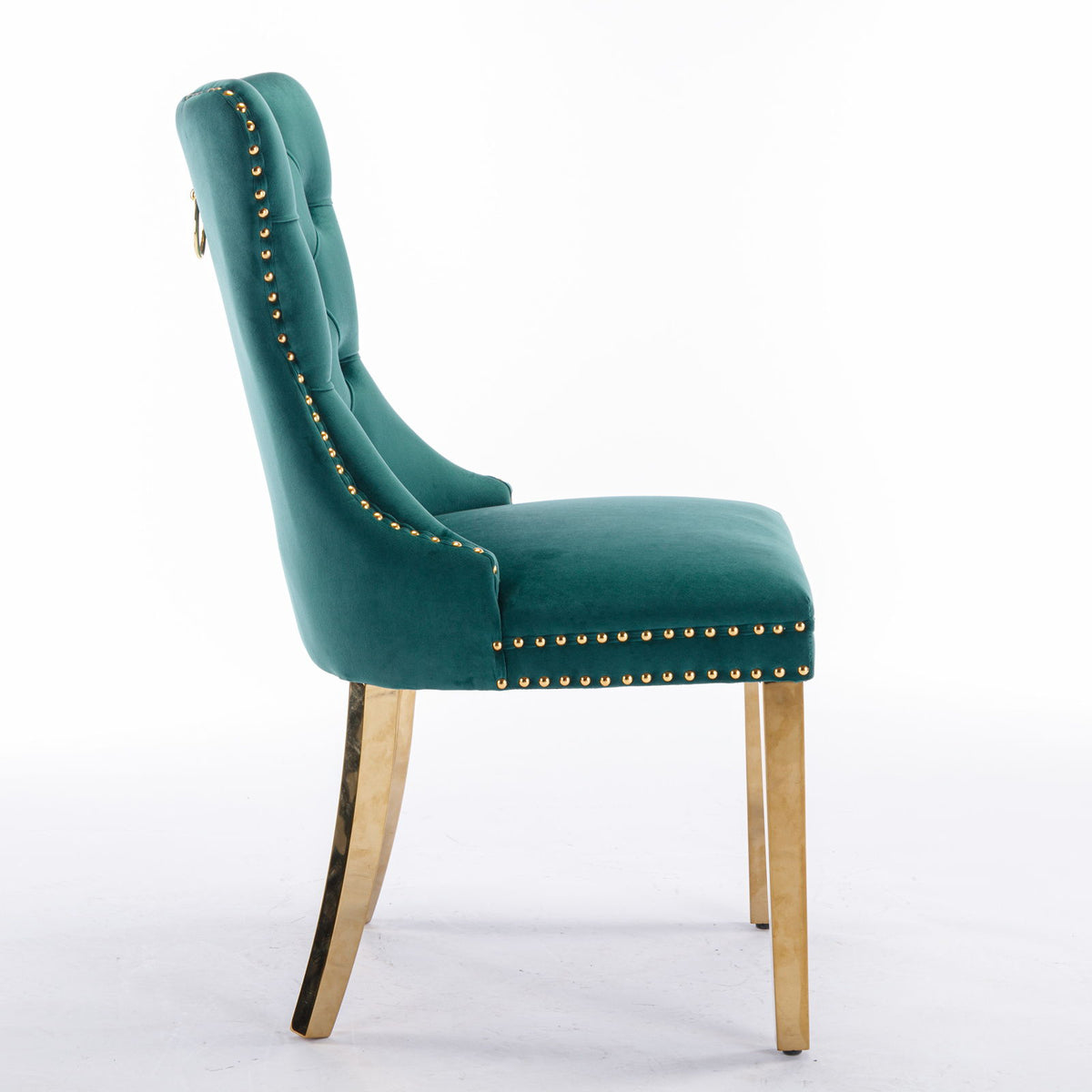 Nikki - Silla de comedor moderna y de alta gama, de madera maciza capitoné, tapizada en terciopelo, con patas de acero inoxidable dorado y ribete de tachuelas (juego de 2)