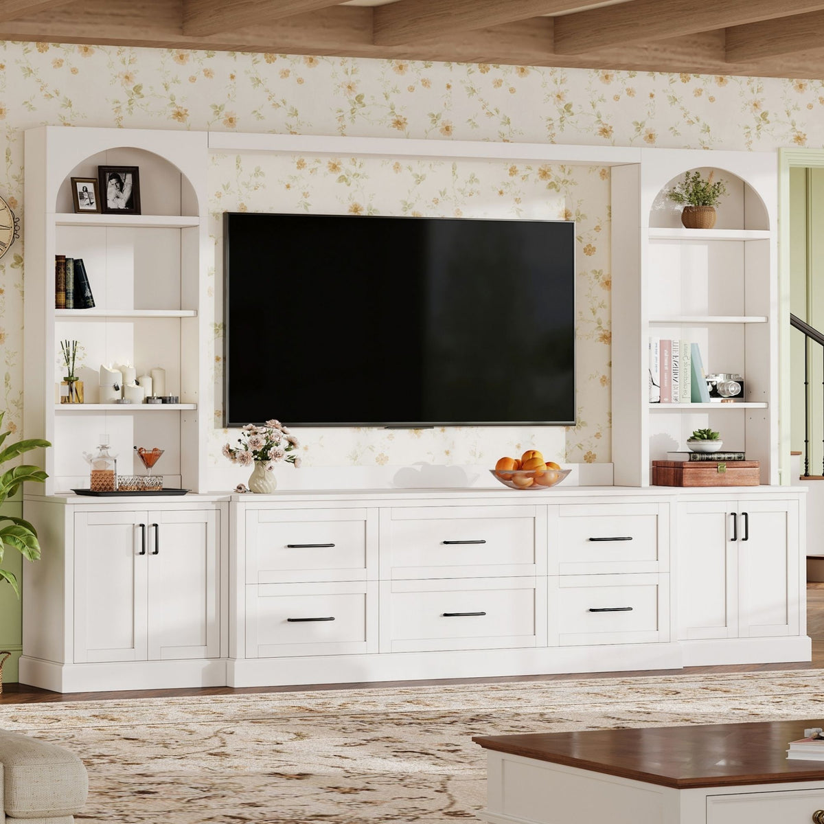 Arched Entertainment Center Wall Unit With 6 Drawers, Large TV Stand With Bookshelves