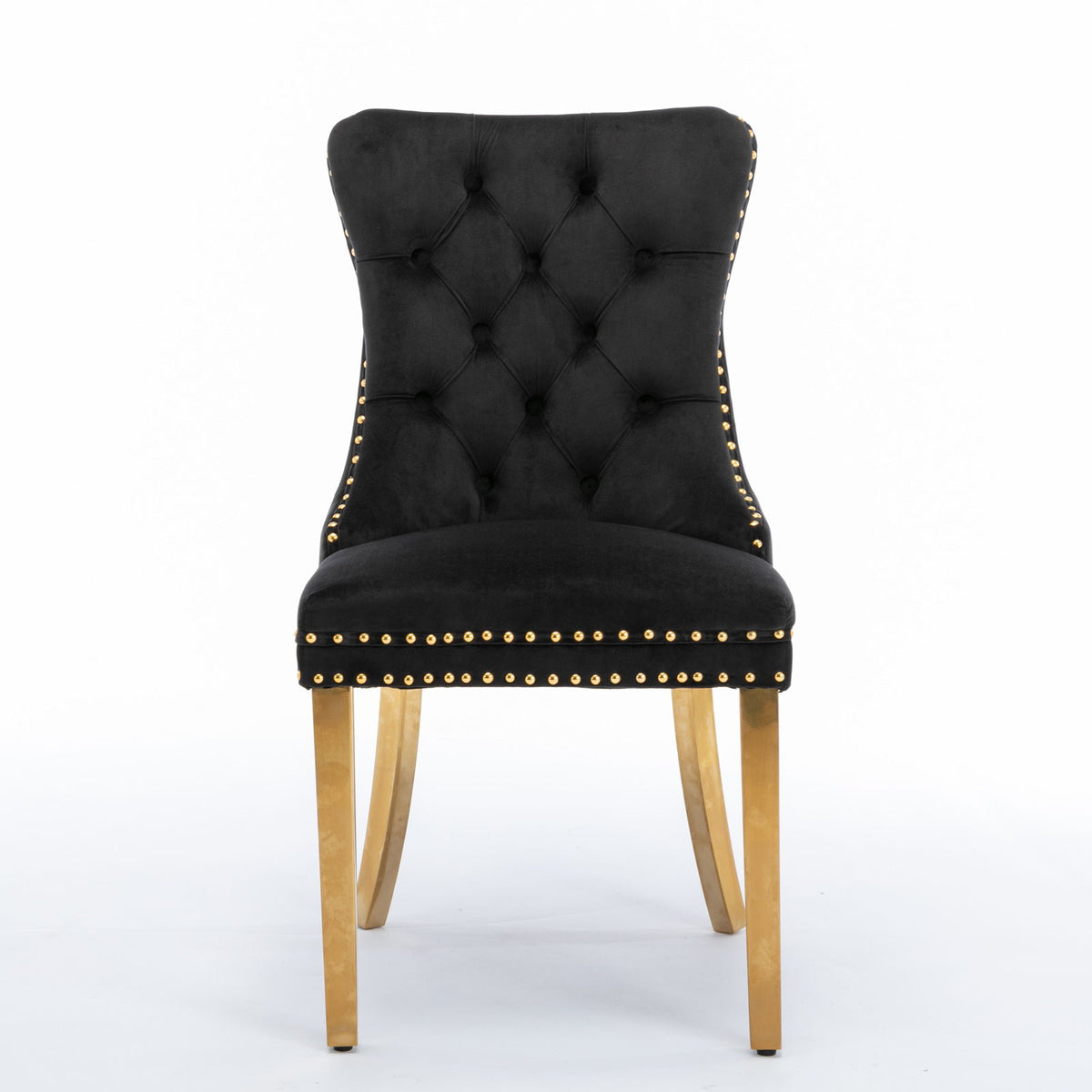 Nikki - Silla de comedor moderna y de alta gama, de madera maciza capitoné, tapizada en terciopelo, con patas de acero inoxidable dorado y ribete de tachuelas (juego de 2)
