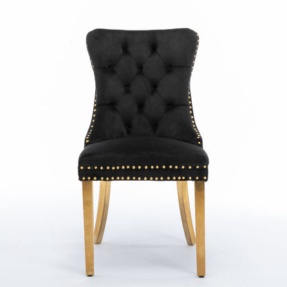 Nikki - Silla de comedor moderna y de alta gama, de madera maciza capitoné, tapizada en terciopelo, con patas de acero inoxidable dorado y ribete de tachuelas (juego de 2)