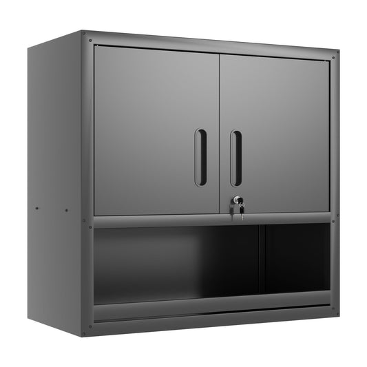 Wall-Mounted Storage Cabinet With Locking Door, 1 Shelf And Open Drawer - Black