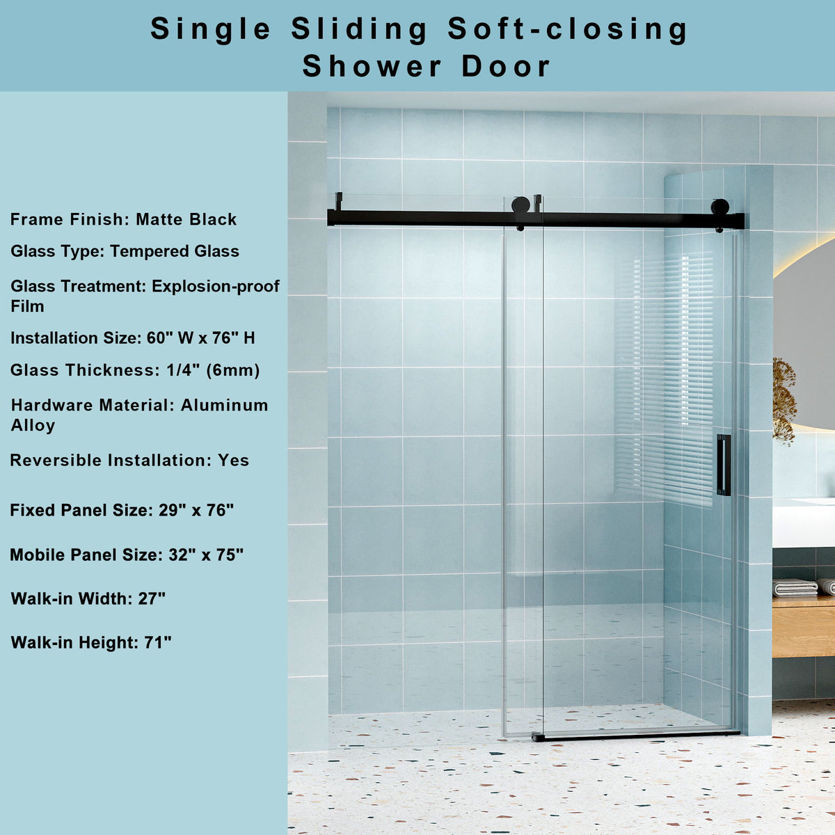 Frameless Soft Closing Shower Door, 1 / 4" (6Mm) Tempered Glass Single Sliding With Explosion Proof Coating - Matte Black