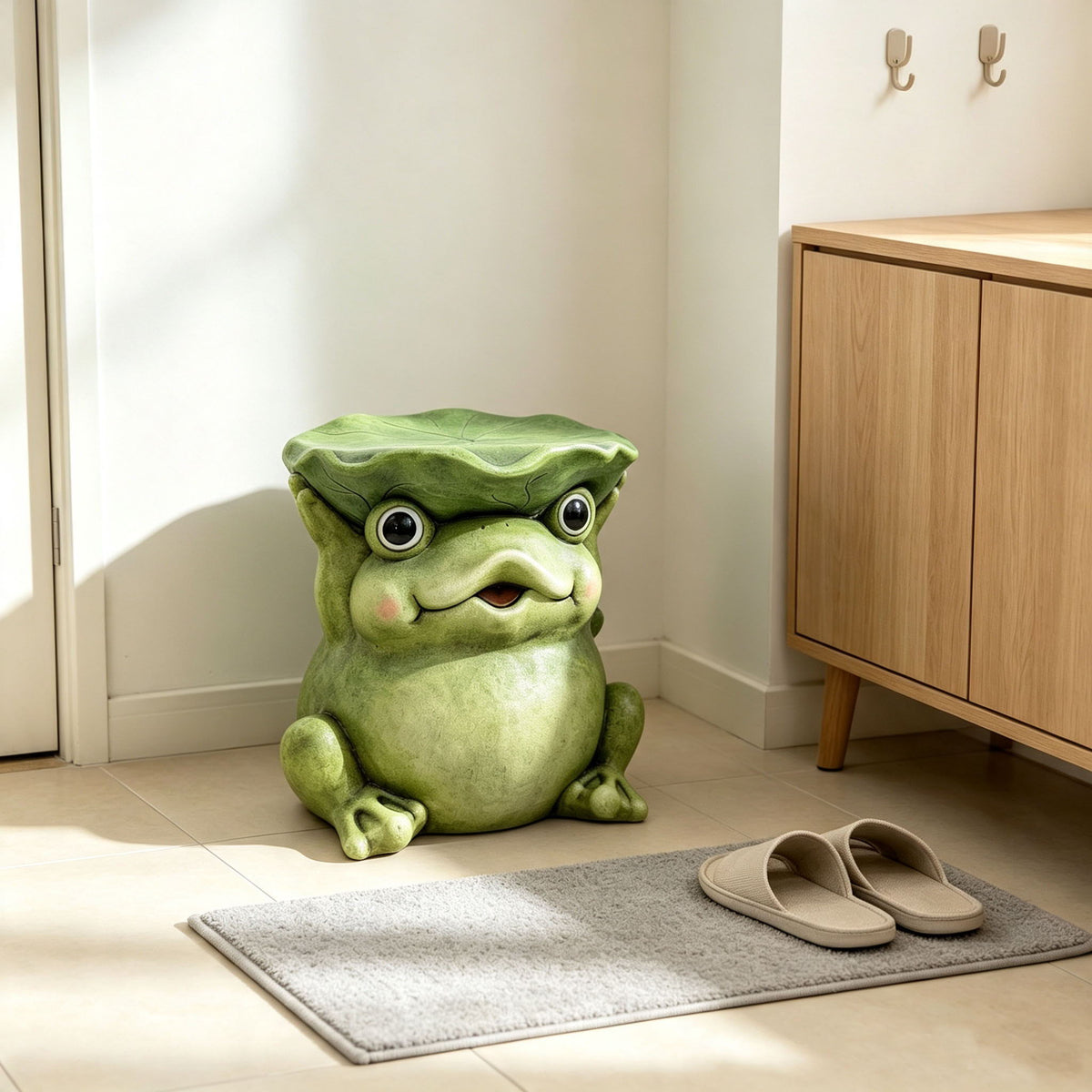 Cute Frog Statue With Lotus Leaf Hat, Cartoon Animal Figurine Decor, Outdoor Garden Sculpture Ornament For Porch - Moss Green