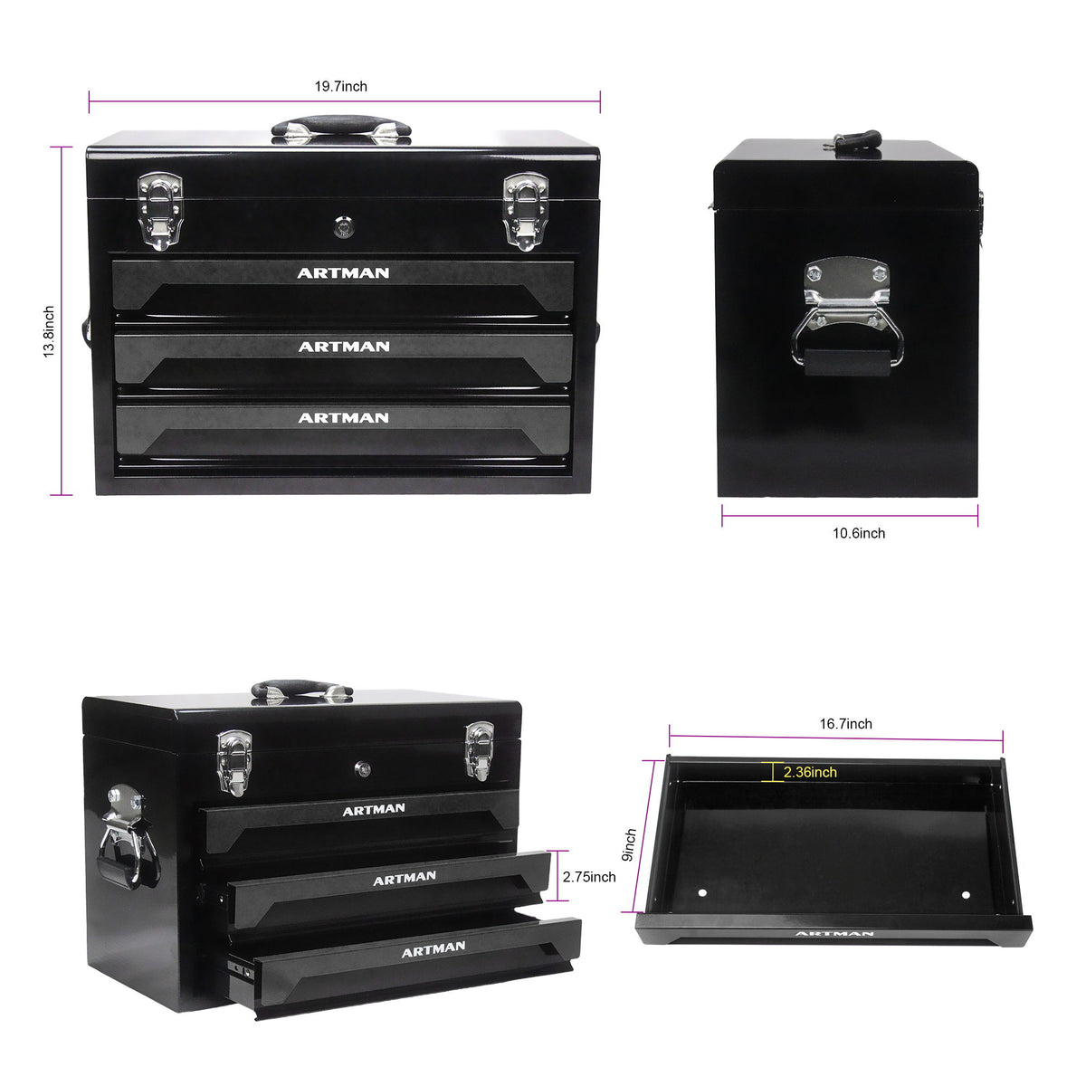 Portable 3 Drawer Steel Toolbox, 4 Layers Of Tools With Metal Latches, With Storage Tray And Carrying Handle