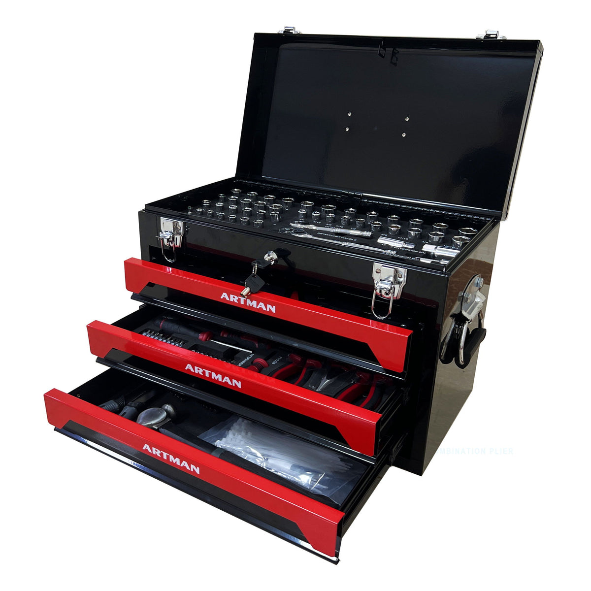 Portable 3 Drawer Steel Toolbox, 4 Layers Of Tools With Metal Latches, With Storage Tray And Carrying Handle