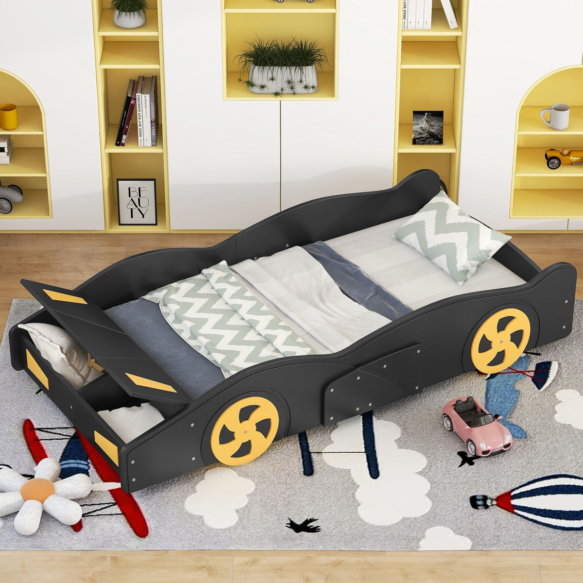 Race Car Shaped Platform Bed With Wheels And Storage