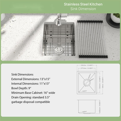 13" Undermount Kitchen Sink 16 Gauge Single Bowl - Brushed Nickel