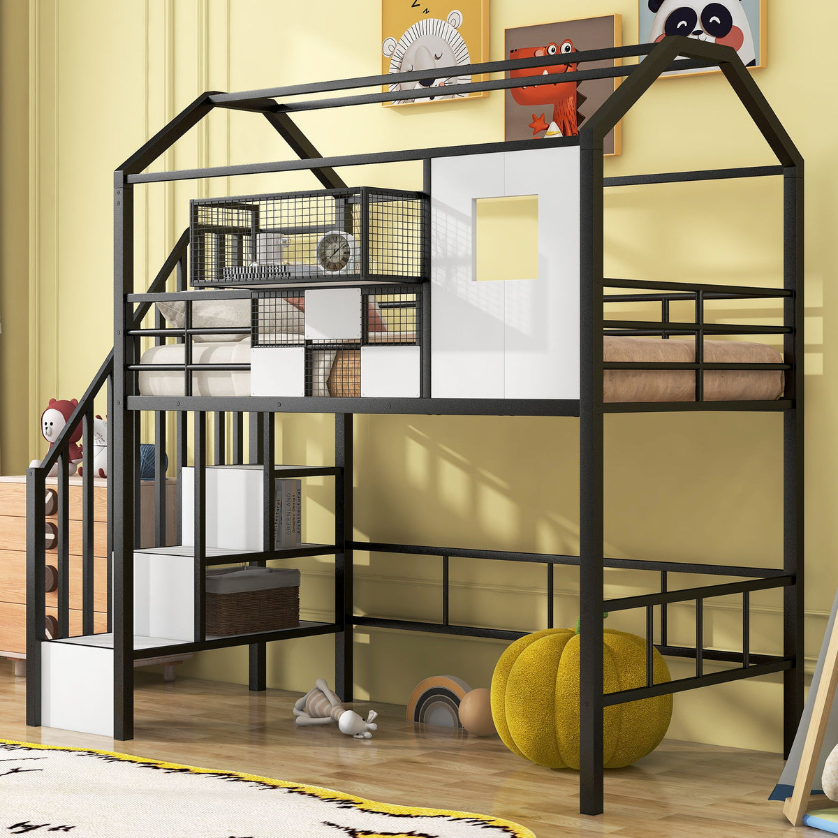 Metal Loft Bed With Roof Design And Storage Box With Guardrails And Integrated Ladder