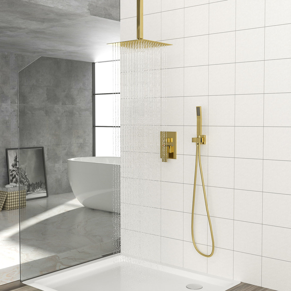Modern Dual Shower Head System With 16" Ceiling Mount Finish, Stainless Steel And Brass