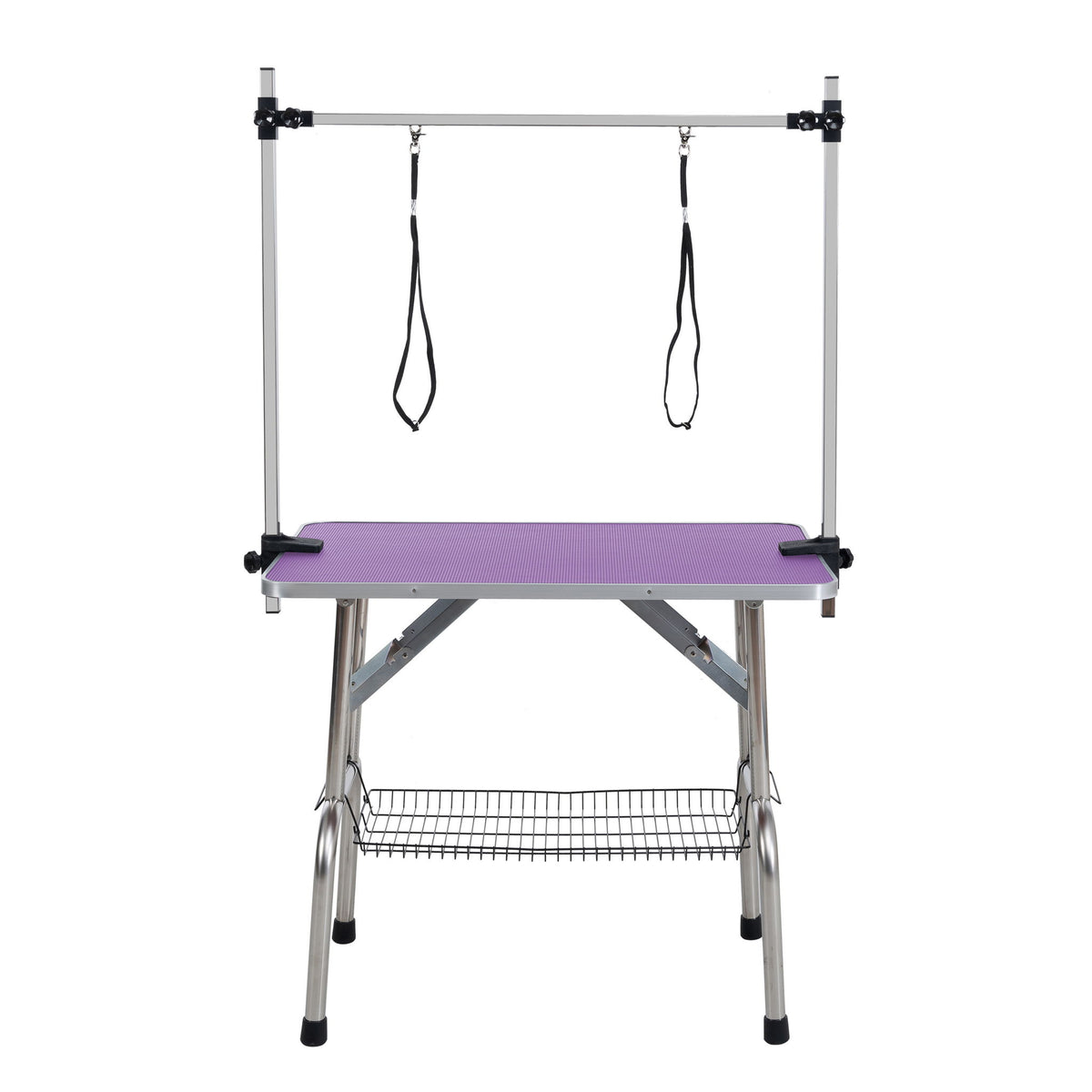 Mesa de aseo plegable para perros y gatos con marco de acero inoxidable y alfombrilla de goma integrada, brazo ajustable y abrazaderas.