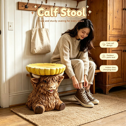 Highland Cow Stool With Sunflower Top, Animal Figurine Seat, Indoor Outdoor Decor - Apricot Brown