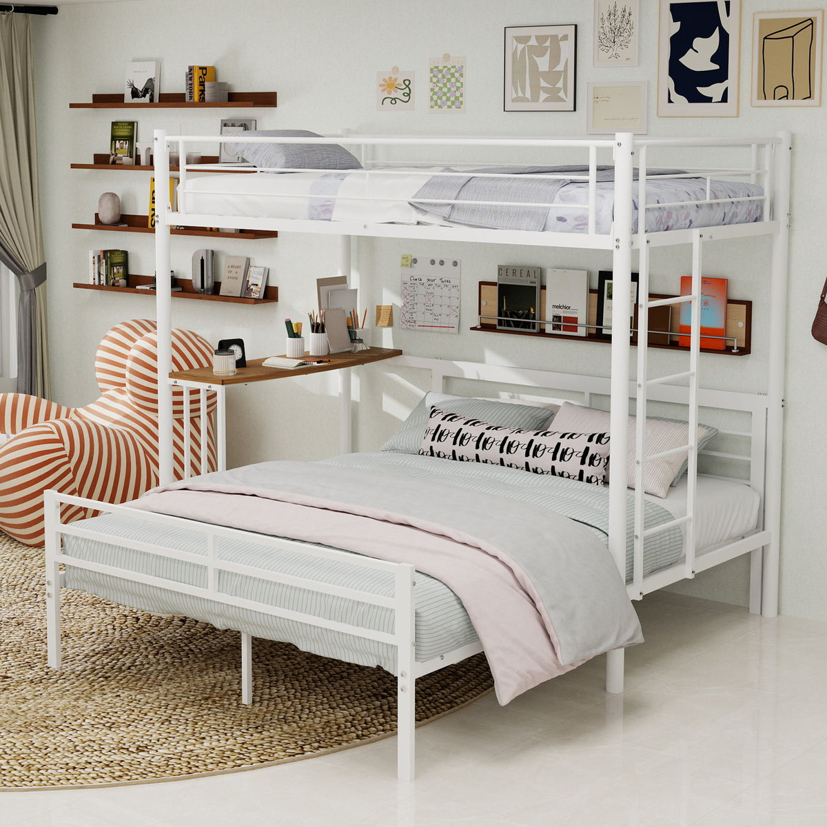 Twin Over Full Bunk Bed With Built In Desk & Guardrail Frame, No Box Spring Needed - White