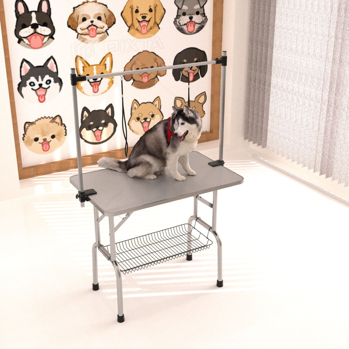 Mesa de aseo plegable para perros y gatos con marco de acero inoxidable y alfombrilla de goma integrada, brazo ajustable y abrazaderas.